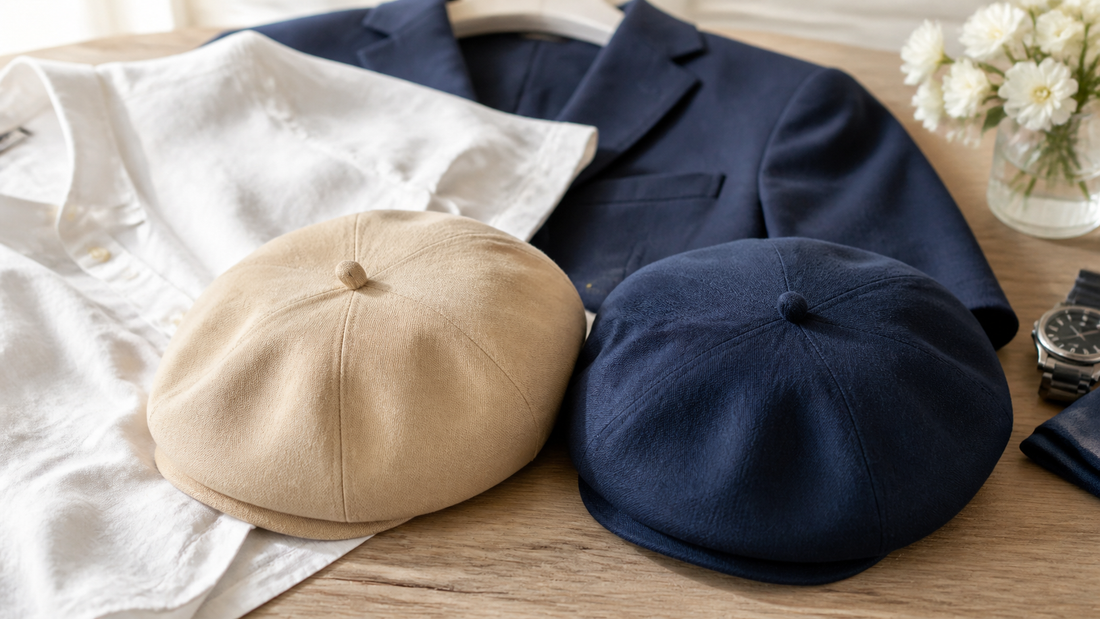 Boinas masculinas bege e azul-marinho sobre camisa branca e blazer marinho.