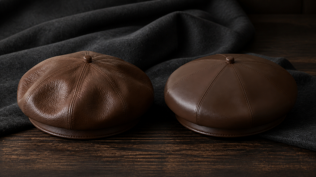 Duas boinas masculinas marrons de couro genuíno e material vegano sobre mesa de madeira.