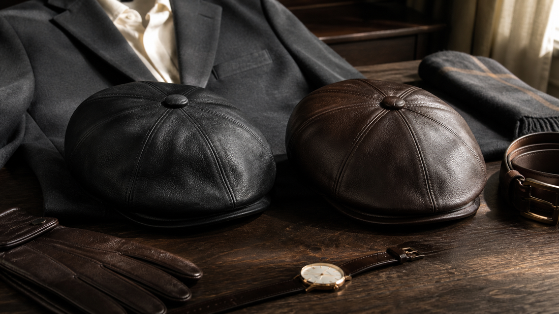 Boinas masculinas de couro preta e marrom sobre mesa de madeira com blazer e acessórios clássicos.