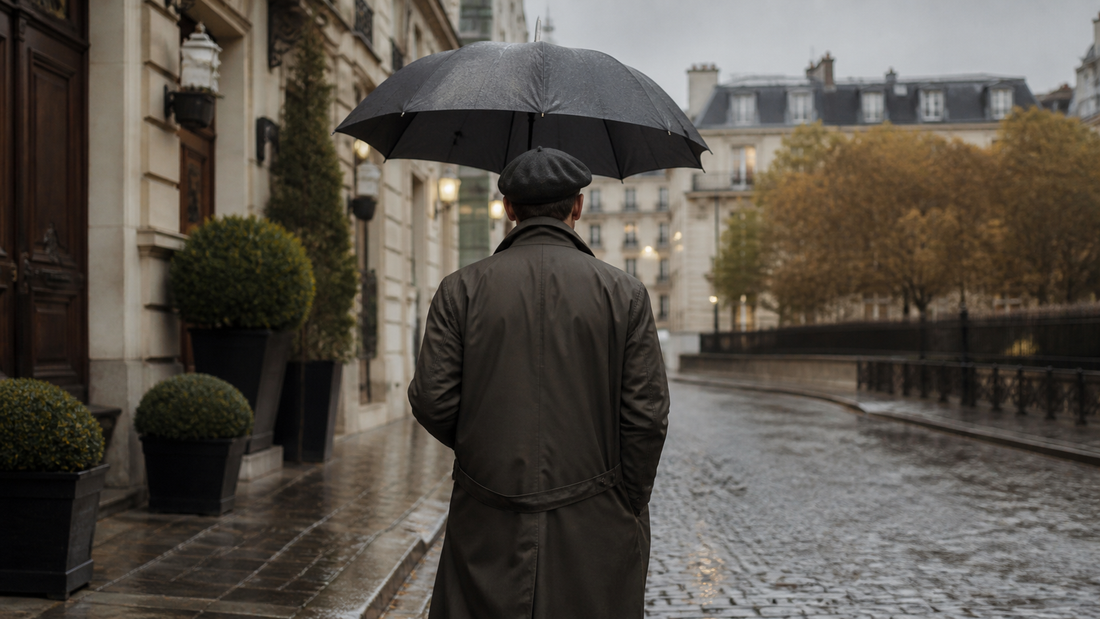 Homem de costas usa boina grafite e sobretudo sob guarda-chuva em rua com garoa leve.