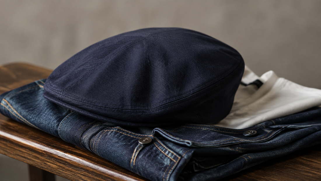 Boina masculina azul-marinho sobre jaqueta jeans índigo e camiseta branca.