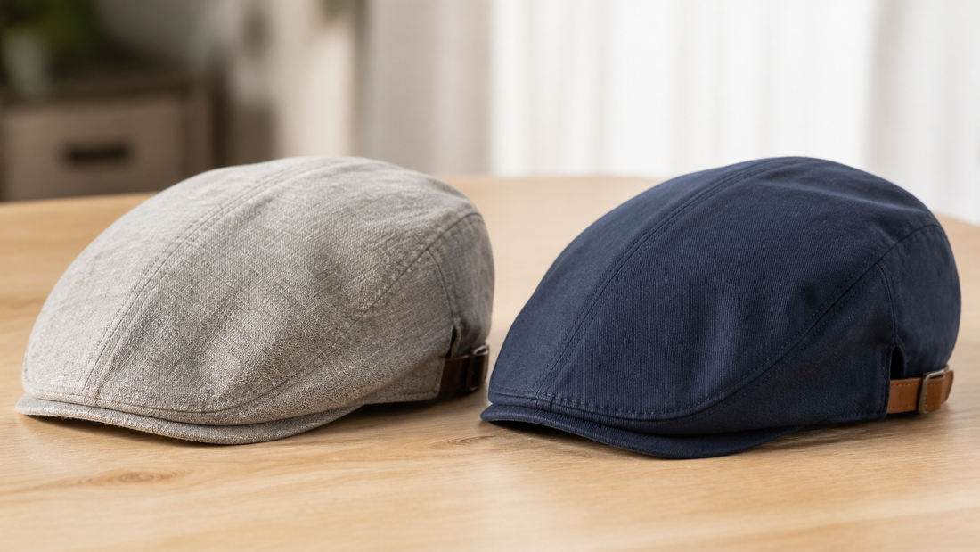 Boina masculina de linho cinza ao lado de boina de algodão azul-marinho.