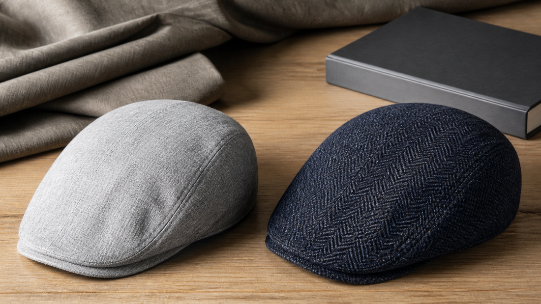 Boina masculina cinza de linho ao lado de boina azul-marinho em tweed sobre mesa de madeira.