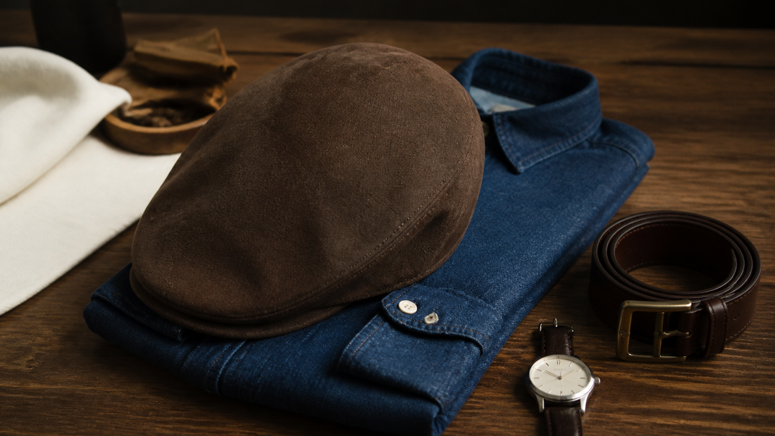 Boina masculina marrom ao lado de camisa jeans azul e acessórios clássicos.