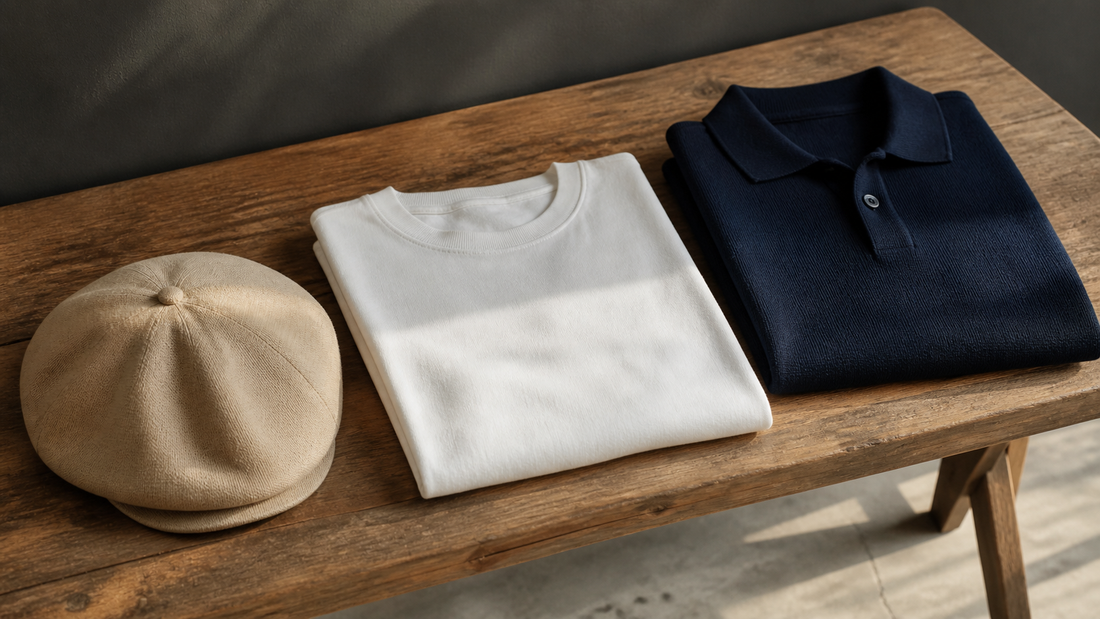 Boina masculina bege ao lado de camiseta branca e polo azul-marinho.
