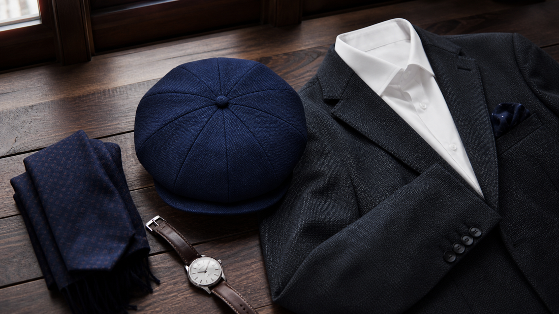 Boina masculina azul-marinho ao lado de blazer grafite e camisa branca em mesa de madeira.