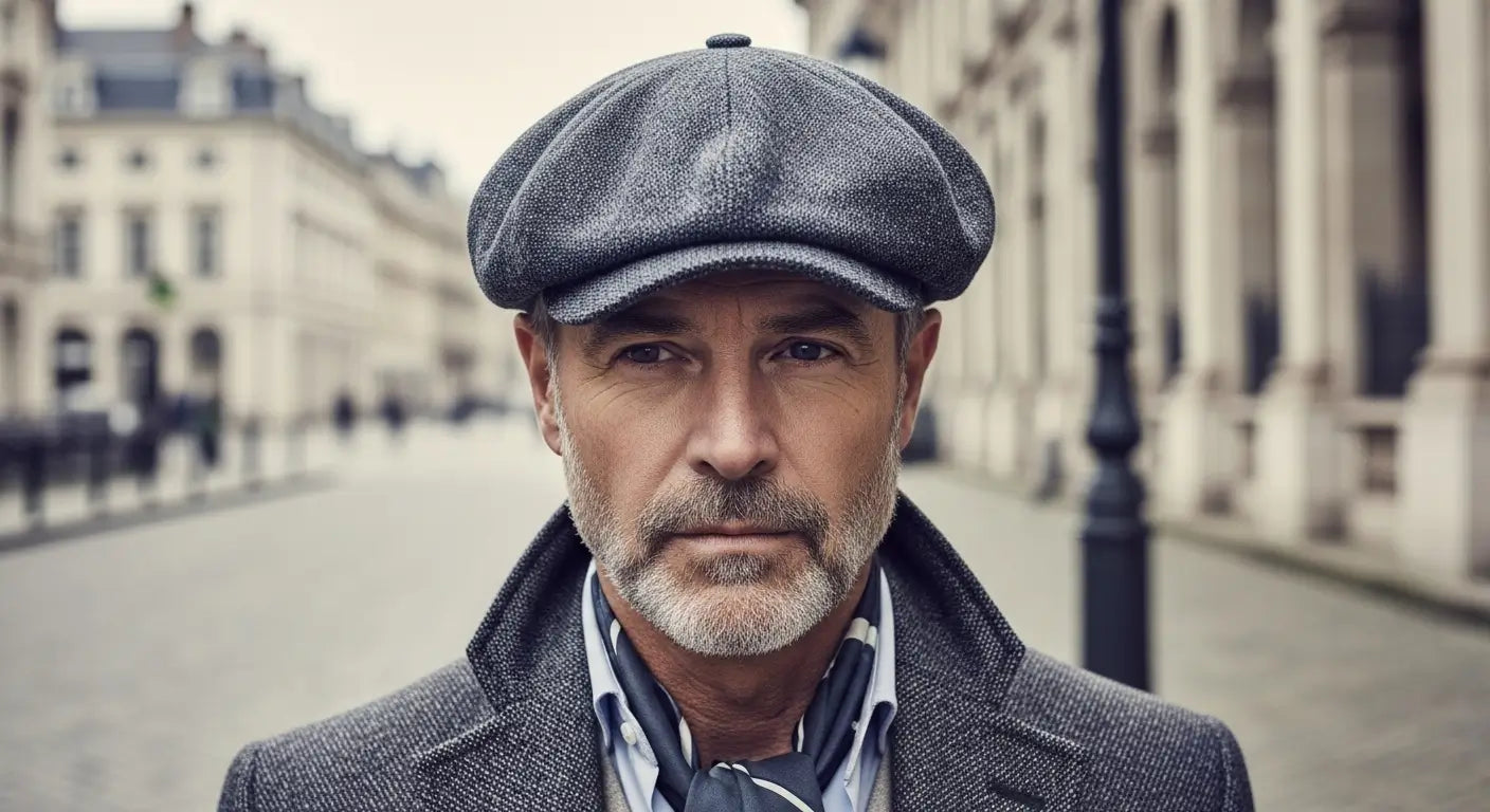 Boina masculina newsboy cap grisalha em tweed, homem elegante estilo europeu, acessório atemporal Cappel.