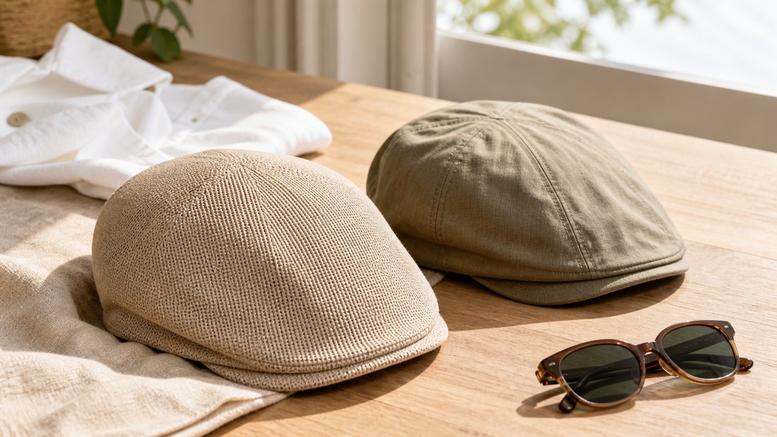 Boinas masculinas claras de tecido leve com camisa branca e óculos de sol sobre mesa de madeira.