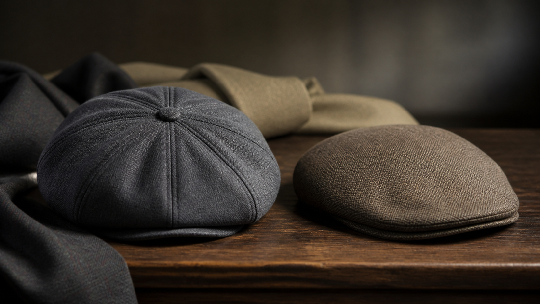 Boina masculina de oito gomos grafite ao lado de uma flat cap marrom de perfil baixo.