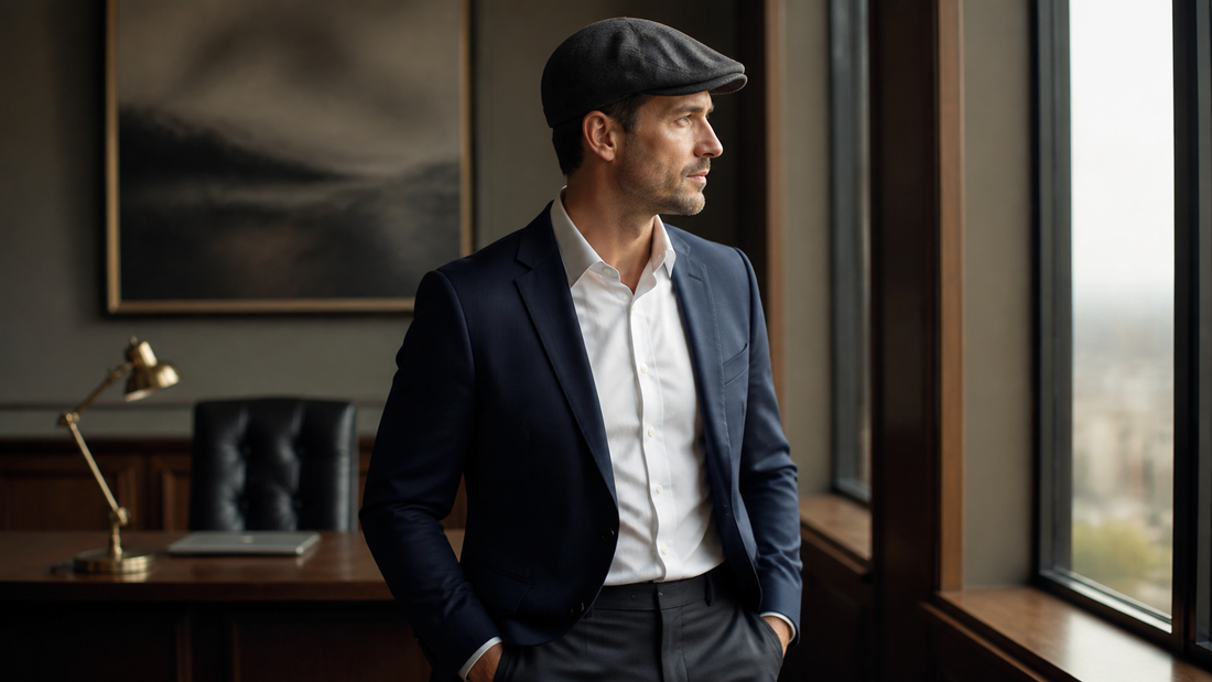 Homem usa boina grafite, blazer azul-marinho e camisa branca em escritório.