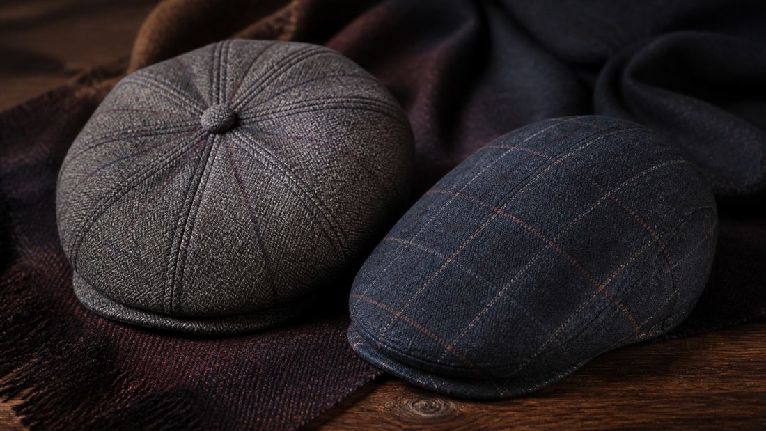 Boinas masculinas de tweed xadrez cinza e azul sobre lã, madeira e acessórios clássicos.