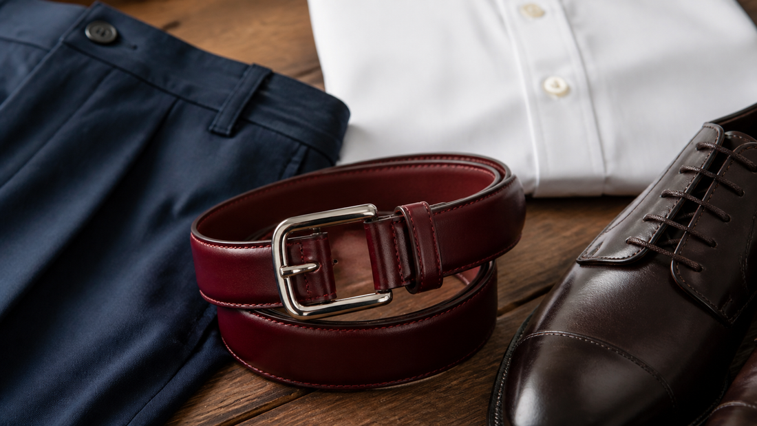Cinto masculino burgundy em couro com calça azul-marinho e camisa clara.