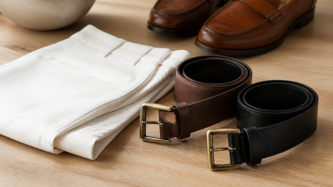 Cintos masculinos de couro marrom e preto ao lado de calça branca dobrada e loafers marrons.
