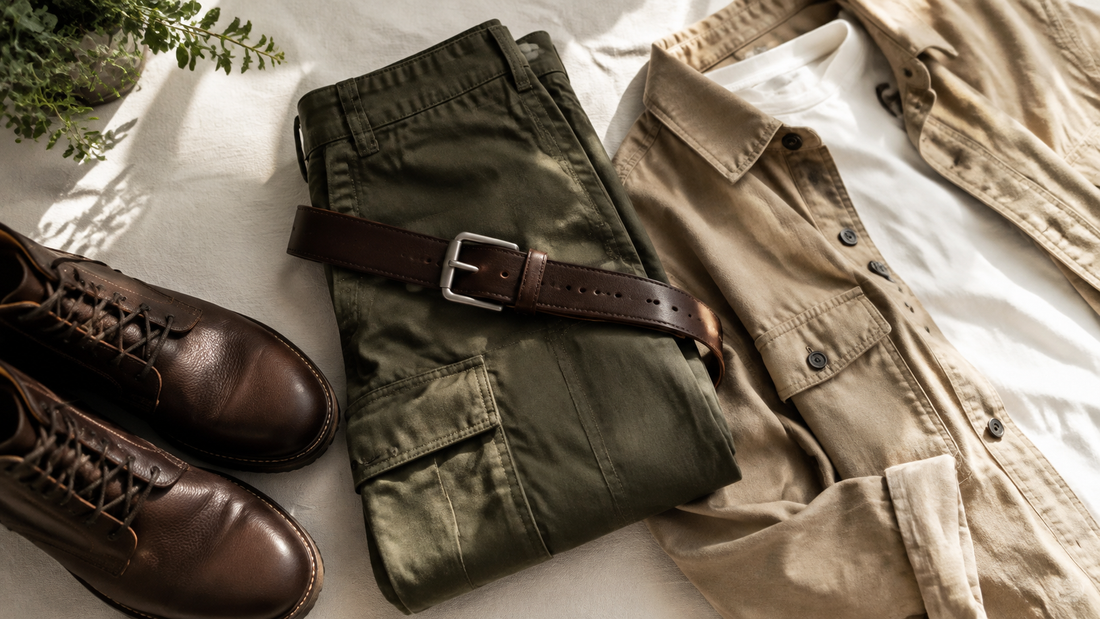 Cinto de couro marrom sobre calça cargo verde-oliva com roupas em tons neutros.