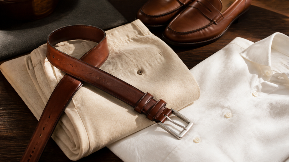 Cinto de couro marrom sobre calça de linho bege e camisa branca em mesa de madeira.