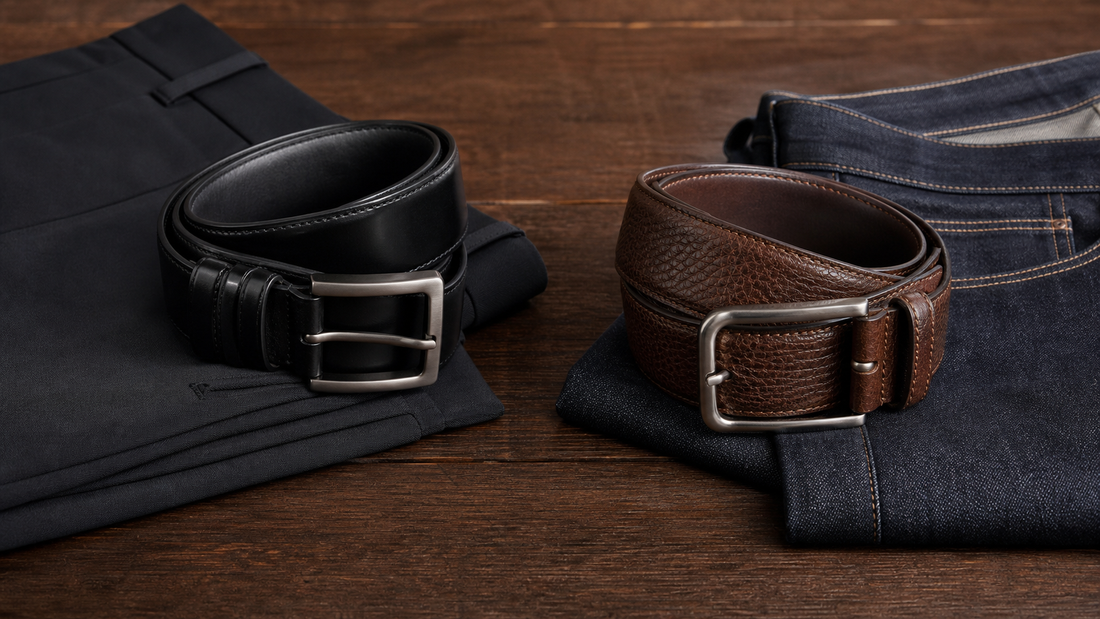 Cinto social preto e cinto casual marrom sobre alfaiataria e jeans escuro.