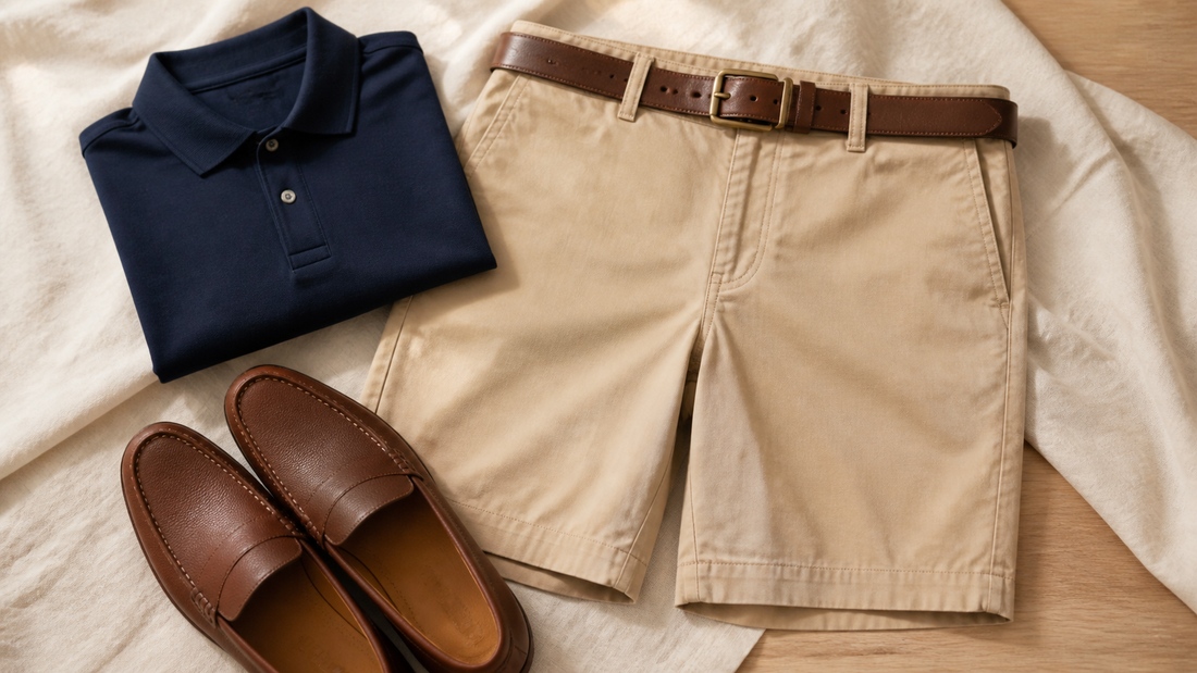 Bermuda de sarja bege com cinto de couro marrom, polo azul-marinho e mocassins.