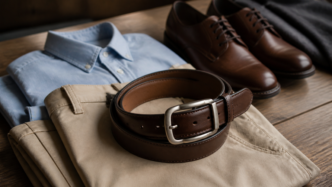 Cinto masculino marrom com calça chino bege, camisa azul e sapatos de couro.