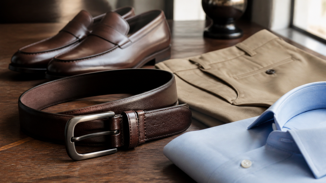 Cinto masculino de couro marrom com mocassins, calça bege e camisa azul-clara.
