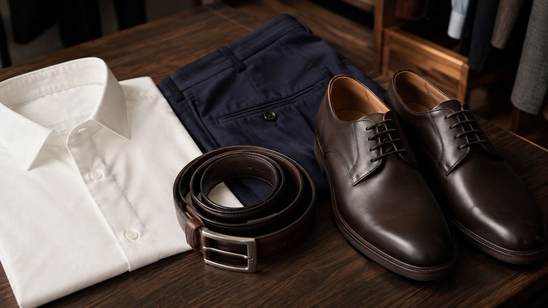 Cinto de couro marrom e sapatos derby ao lado de calça navy e camisa branca.