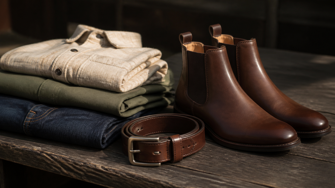 Cinto masculino de couro marrom ao lado de botas Chelsea e roupas em tons neutros.