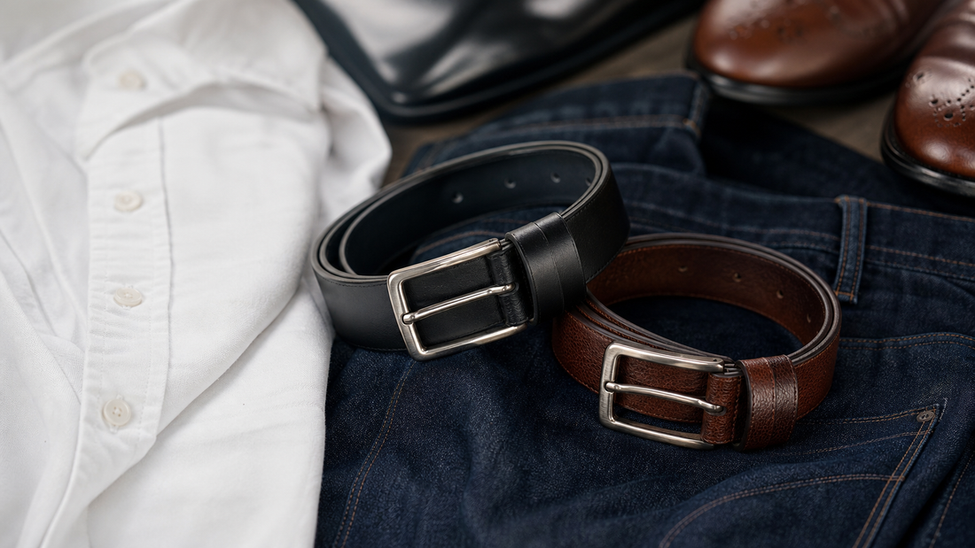 Cintos masculinos de couro preto e marrom sobre jeans azul escuro e camisa branca.