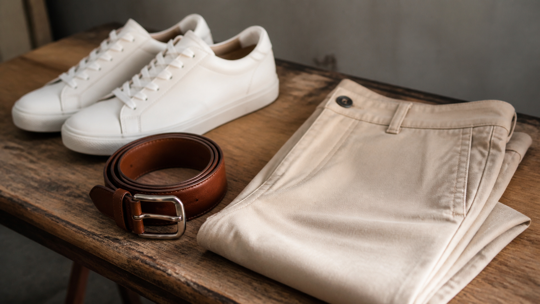 Cinto masculino de couro com tênis casual minimalista e calça chino em composição sóbria.
