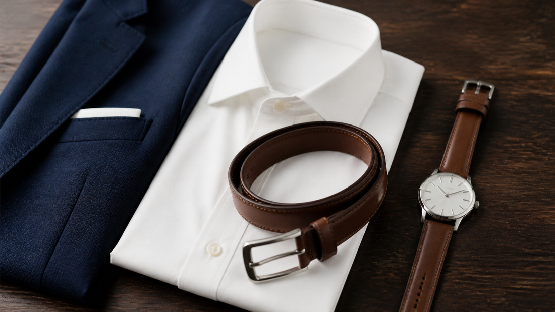 Cinto masculino e relógio com pulseira de couro marrom organizados sobre alfaiataria azul-marinho.