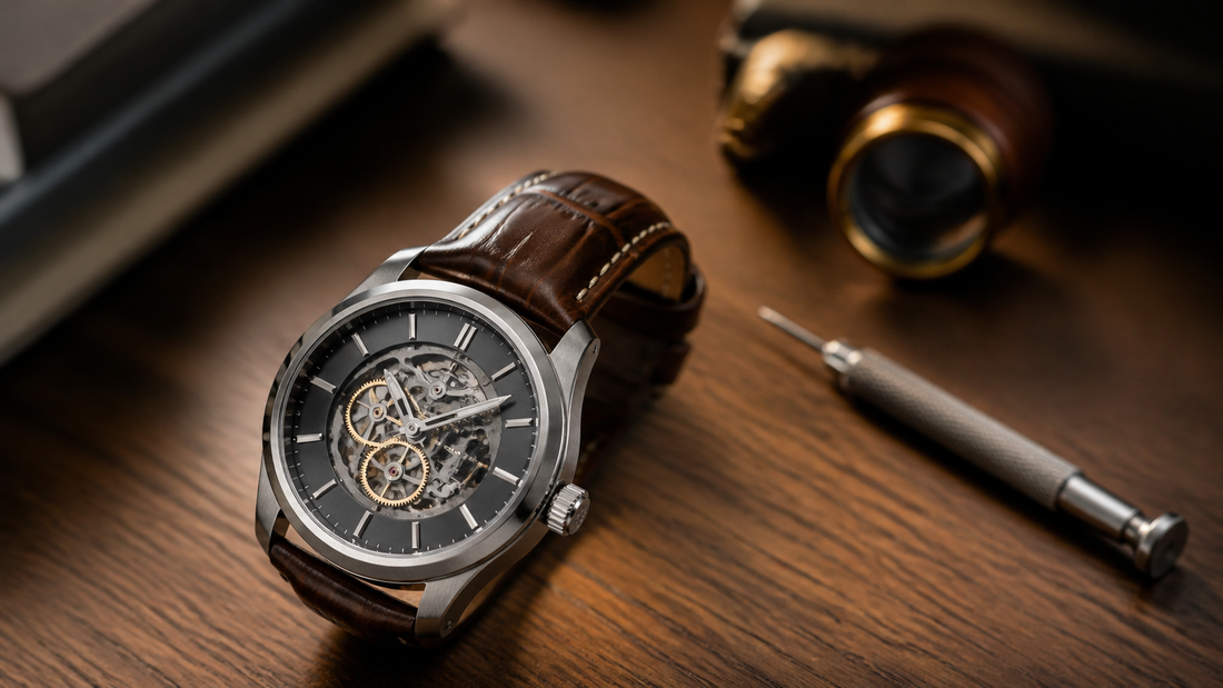 Relógio automático skeleton com pulseira de couro sobre mesa de madeira e coroa em destaque.