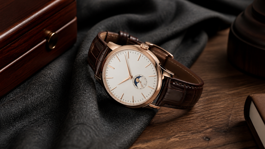 Relógio masculino rose gold com indicador de fase da lua e pulseira de couro marrom.
