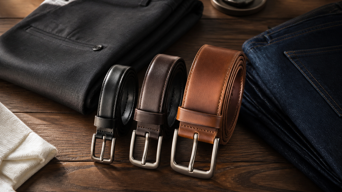Três cintos masculinos de couro com larguras diferentes entre calças social e jeans.