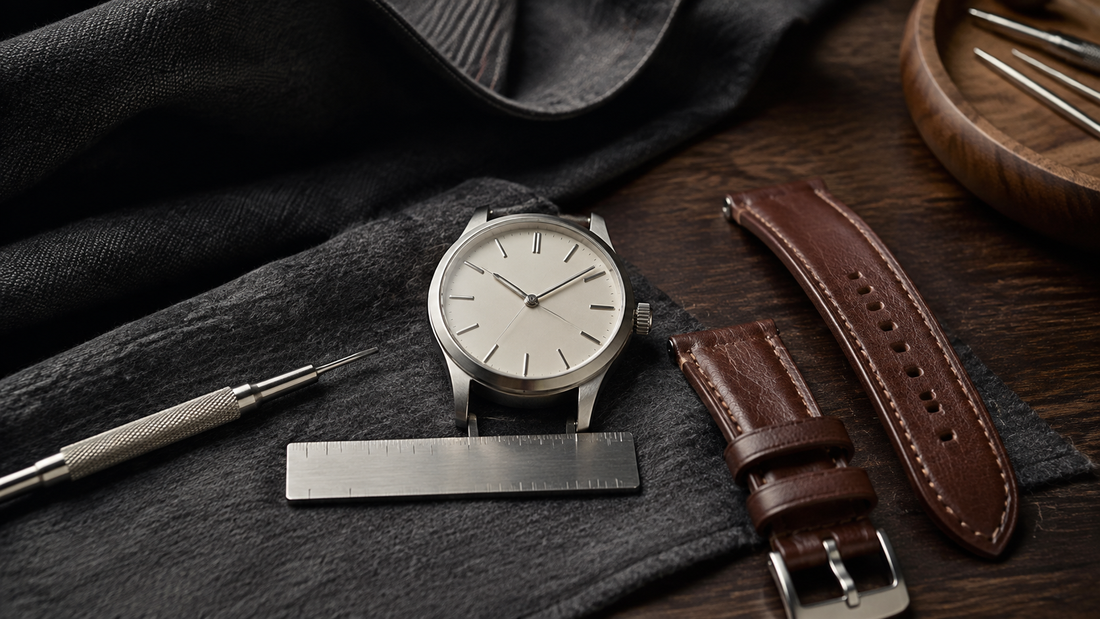 Relógio masculino com pulseira de couro removida, ferramenta e régua sobre tecido grafite.