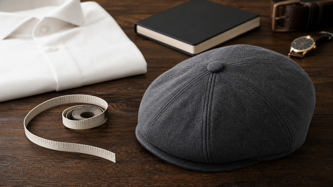 Boina masculina cinza com fita métrica sobre mesa de madeira e acessórios clássicos.