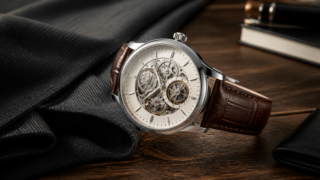 Relógio masculino com mostrador skeleton e pulseira de couro sobre mesa de madeira.