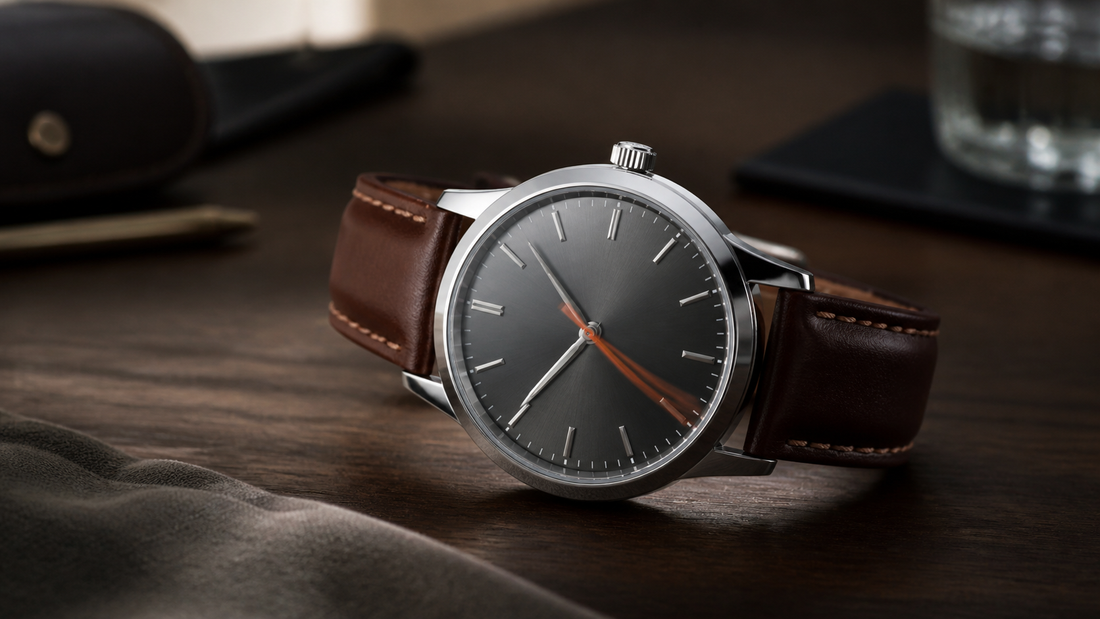 Relógio masculino quartz clássico sobre madeira escura, com o ponteiro de segundos em evidência no mostrador.