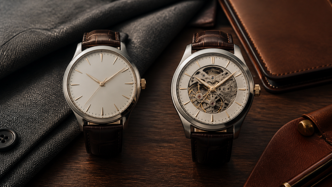 Relógio quartz de mostrador fechado e relógio automático skeleton lado a lado sobre madeira escura.