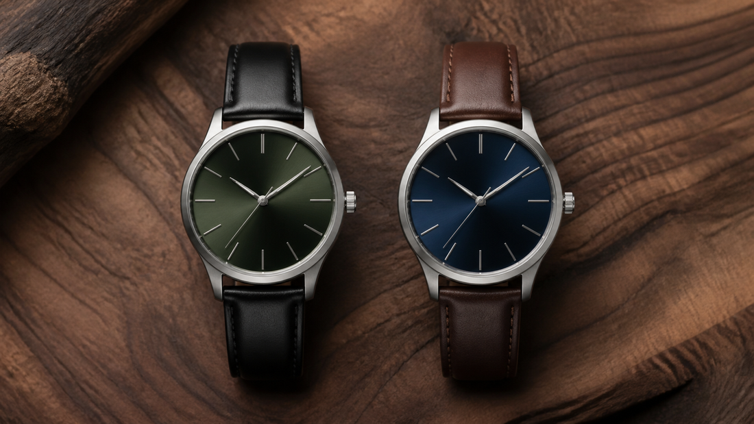 Dois relógios masculinos clássicos com mostradores verde e azul sobre mesa de nogueira.