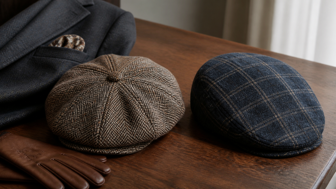 Boinas masculinas em tweed espinha de peixe marrom e tweed xadrez azul-marinho sobre mesa de madeira.