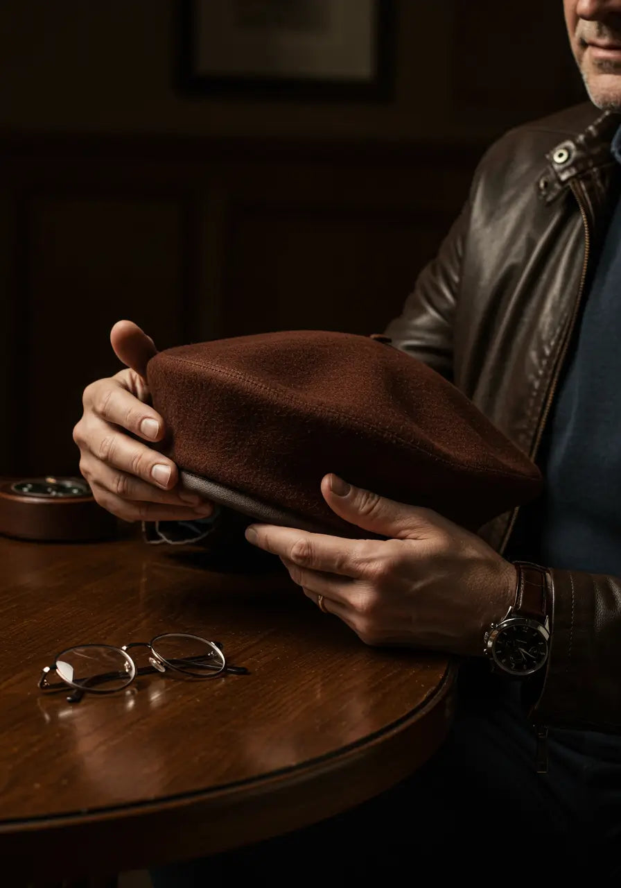 Boina masculina de couro marrom sendo segurada em close-up por homem sofisticado em mesa de bar, Cappel