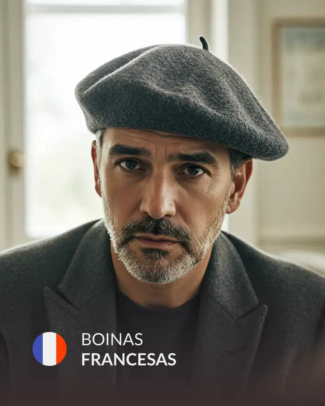 Homem maduro usando boina masculina francesa em lã cinza, caimento lateral elegante, moda masculina atemporal Cappel