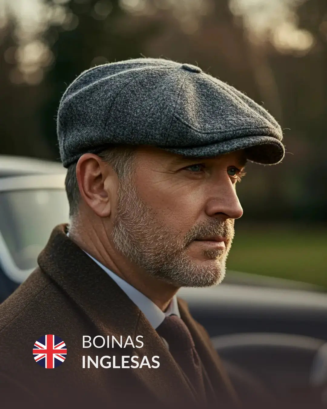 Homem maduro usando boina masculina inglesa flat cap em tweed cinza, estilo britânico clássico, fotografia editorial Cappel