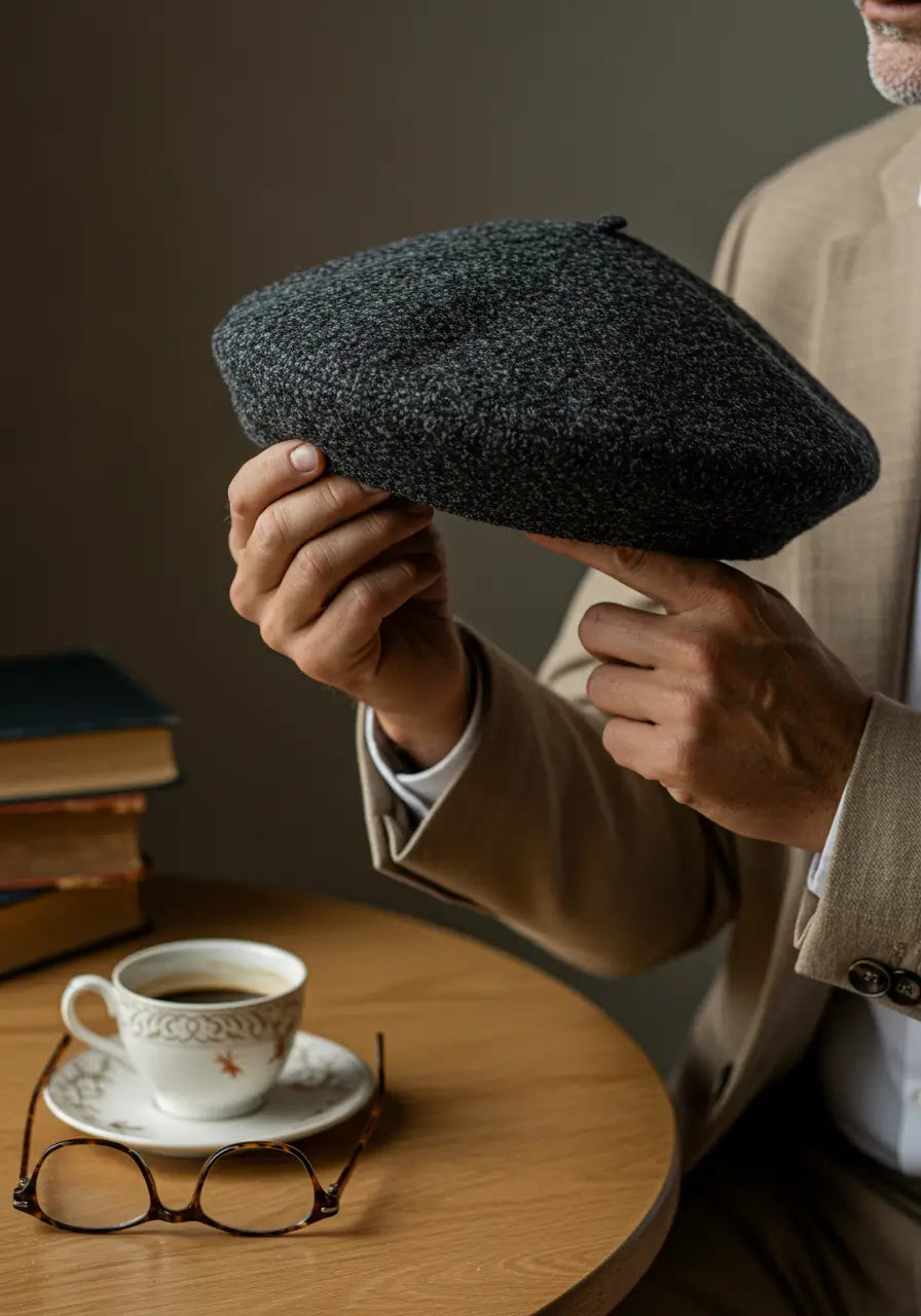 Homem segurando boina masculina de tecido cinza em close-up, sobre mesa com café e livros, Cappel