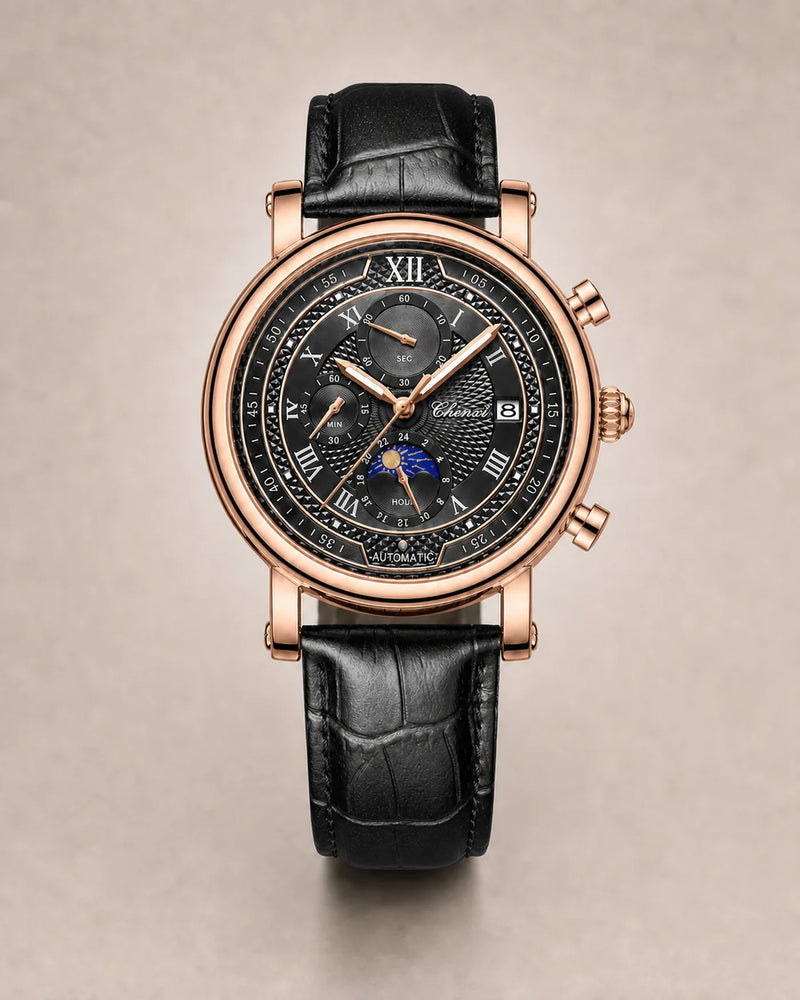 Relógio Masculino Cronógrafo Aurelius Rose Black com caixa rose gold e pulseira preta