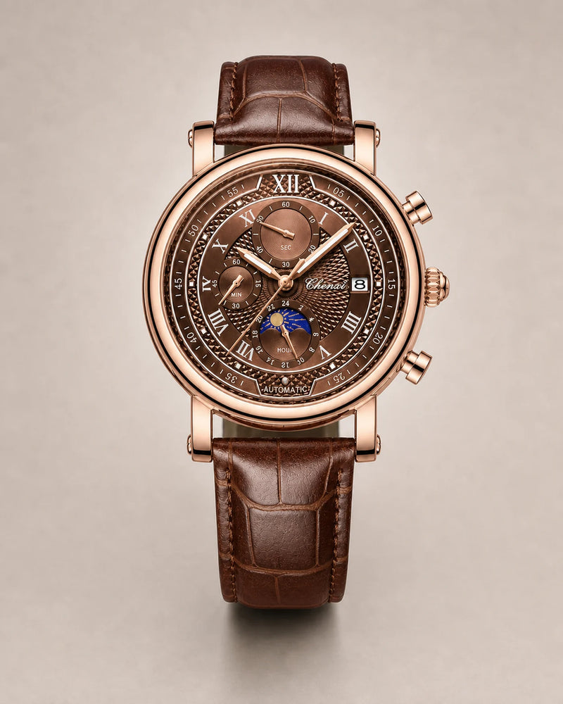 Relógio Masculino Cronógrafo Aurelius Rose Brown com caixa rose gold e pulseira marrom