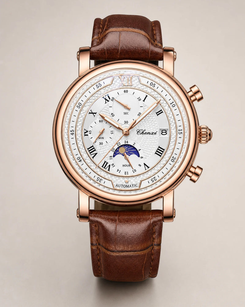 Relógio Masculino Cronógrafo Aurelius Rose White com caixa rose gold e pulseira marrom