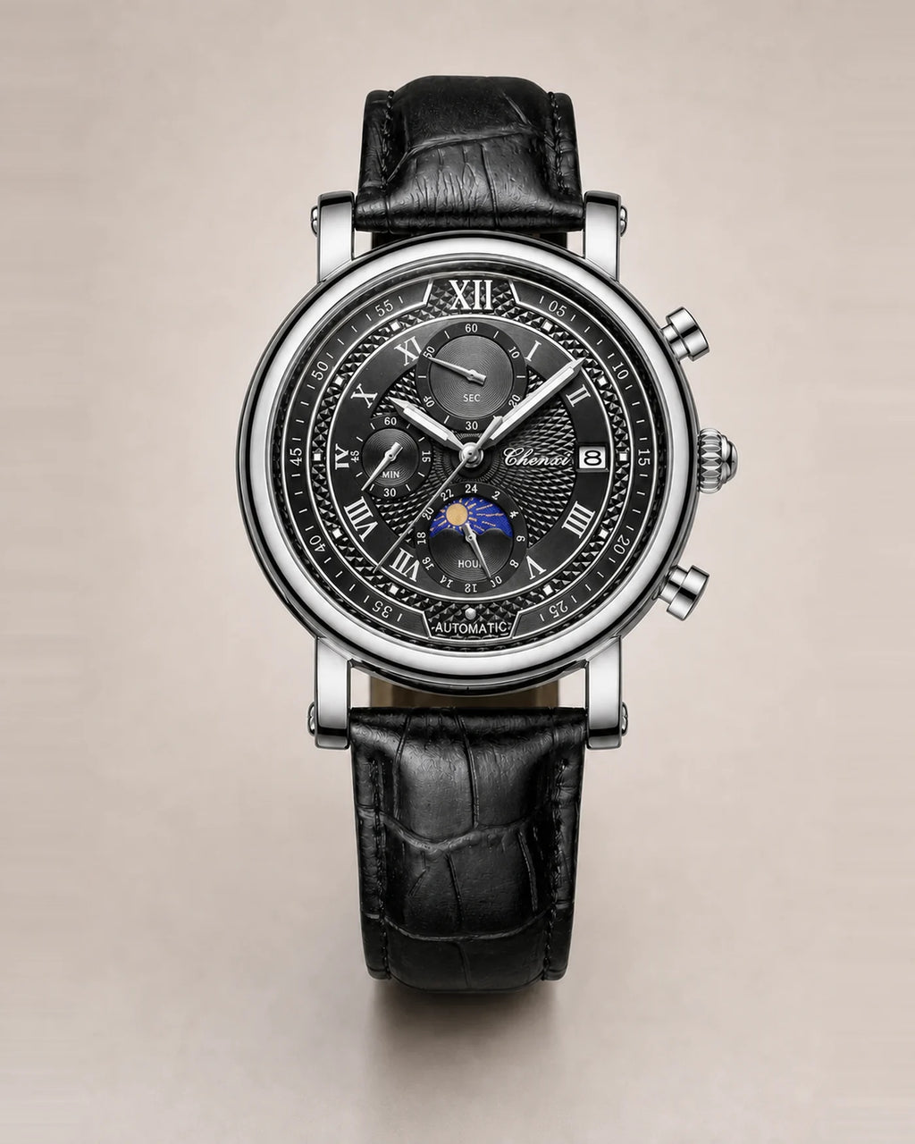Relógio Masculino Cronógrafo Aurelius Silver Black com caixa prateada e pulseira preta