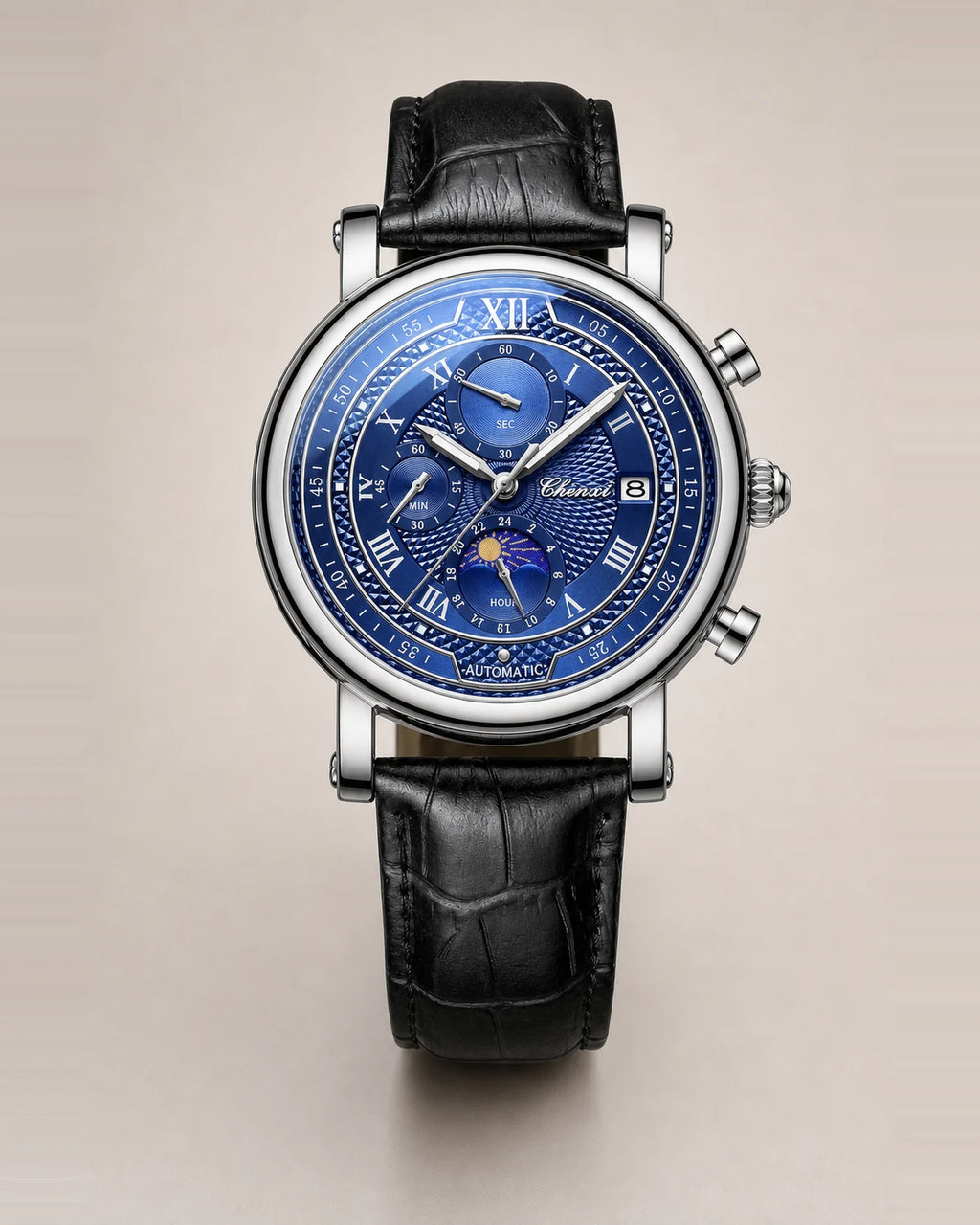 Relógio Masculino Cronógrafo Aurelius Silver Blue com caixa prateada e pulseira preta