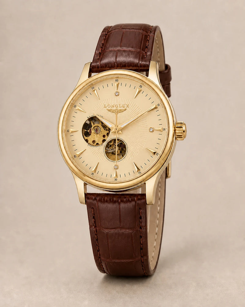 Relógio Masculino Automático Pulseira de Couro Vittorio Champagne Gold em fundo neutro