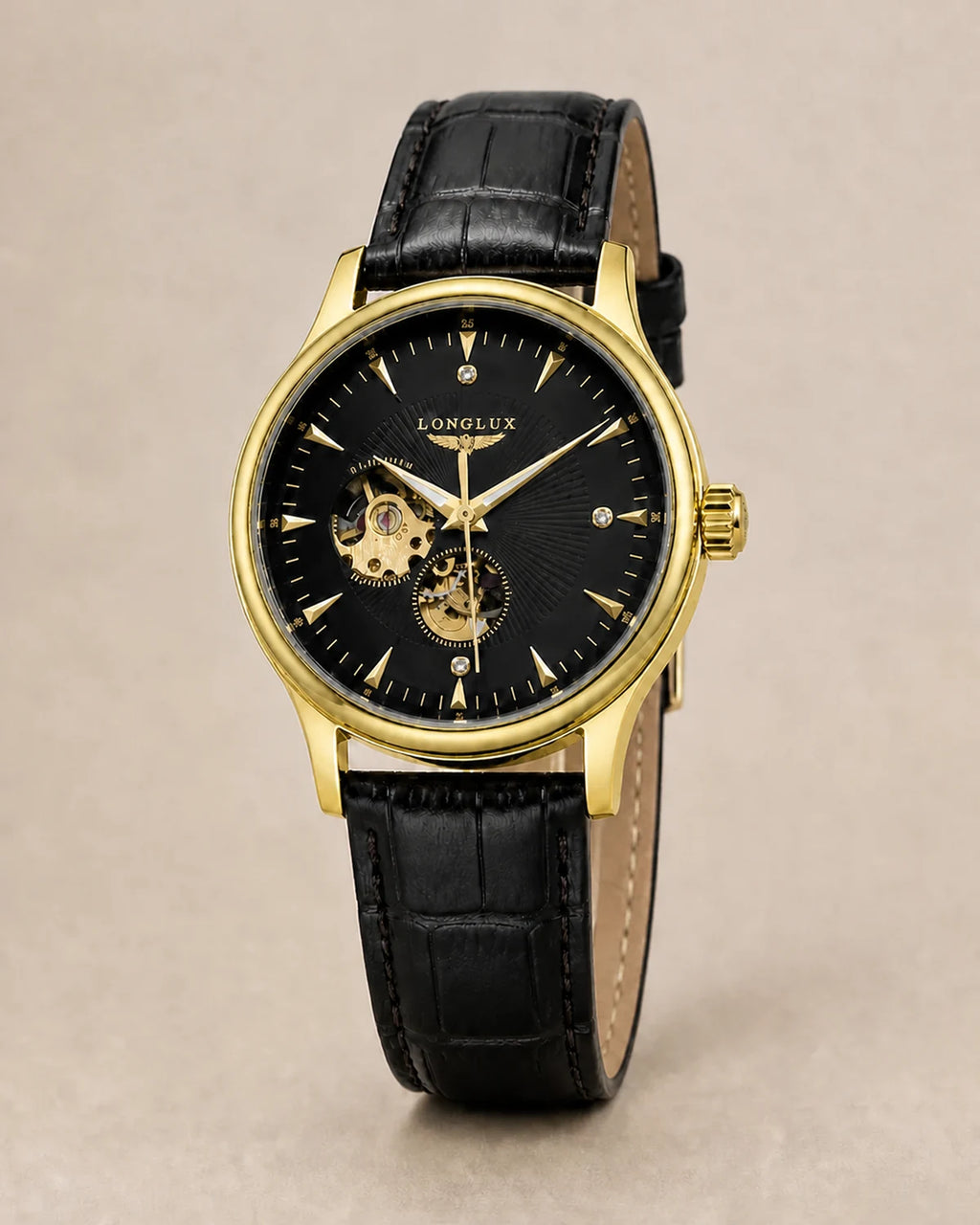 Relógio Masculino Automático Pulseira de Couro Vittorio Gold Black em fundo neutro