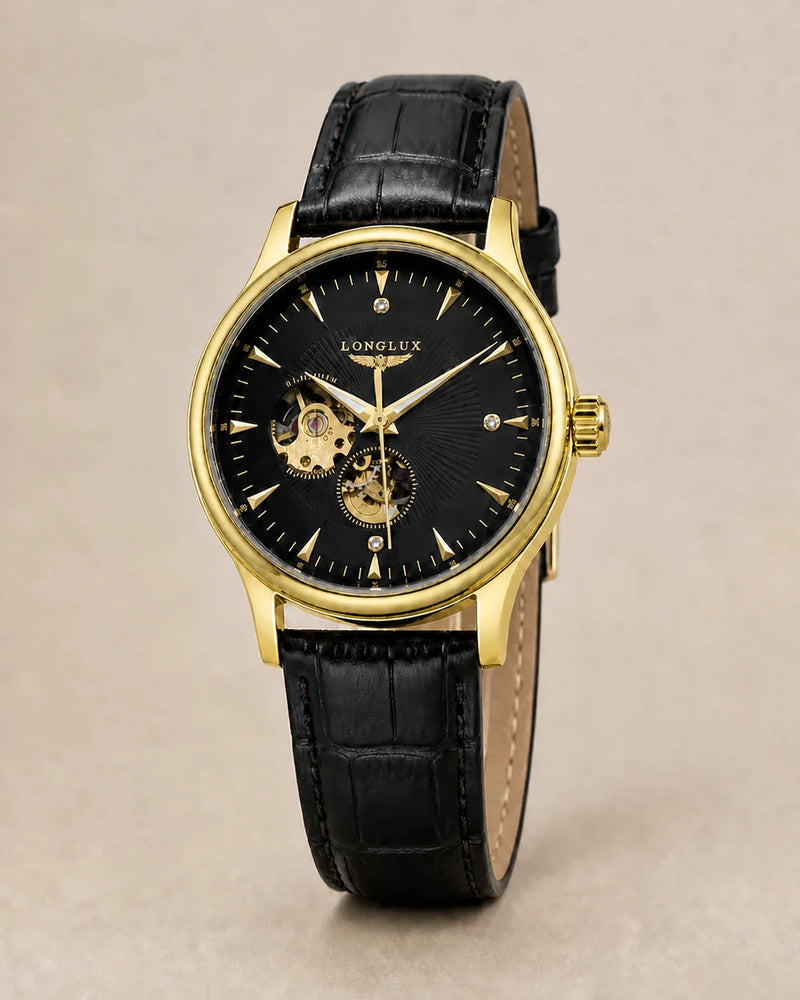 Relógio Masculino Automático Pulseira de Couro Vittorio Gold Black em fundo neutro